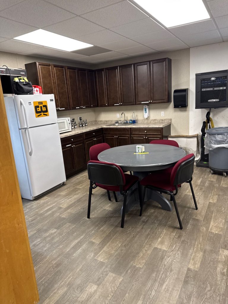 Break room with espresso cabinets used triplewide modular building for rent