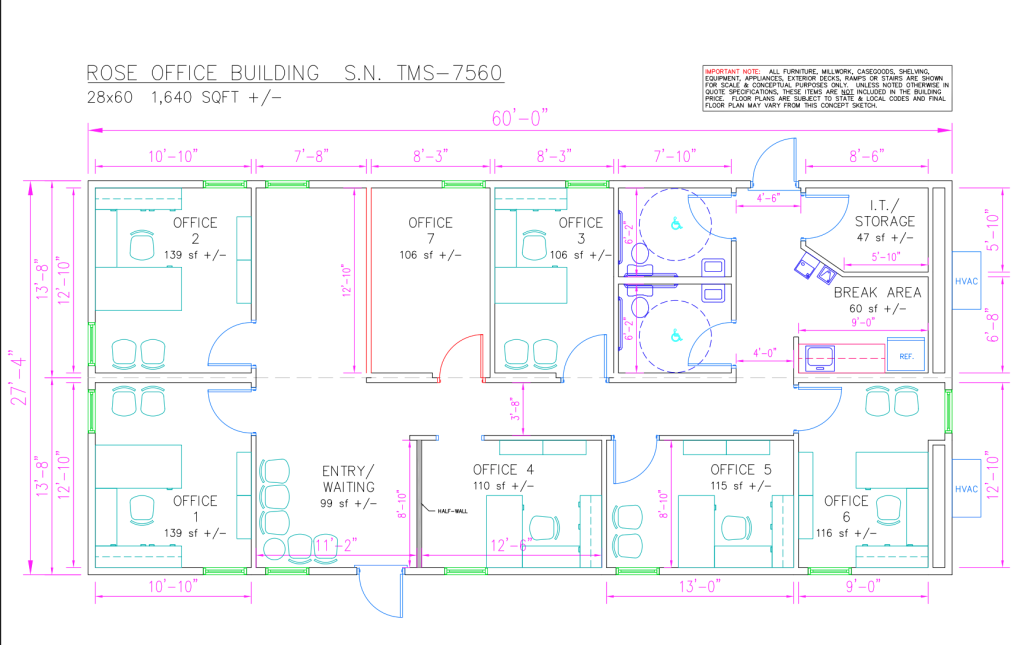 Floorplan of a 28x60 Used modular office building from Rose