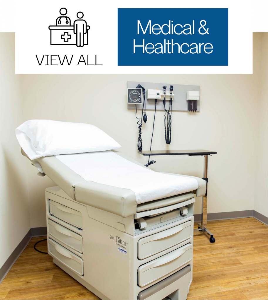 Medical healthcare Rose Modular Buildings Header with photo of exam room inside clinic