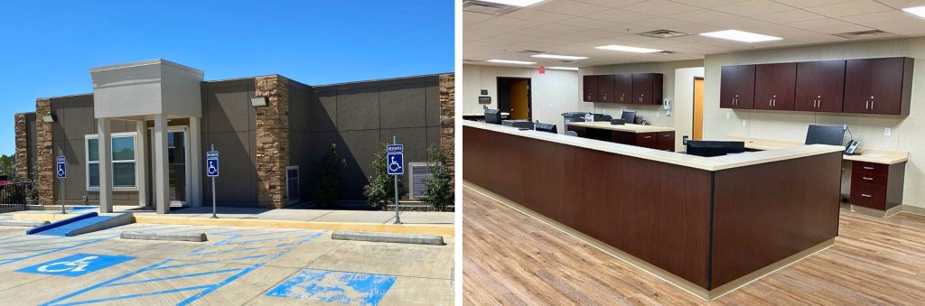 Modular medical clinic exterior and nurse station header graphic