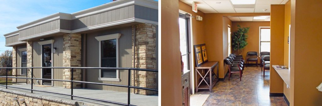 Modular medical clinic exterior and patient waiting room 