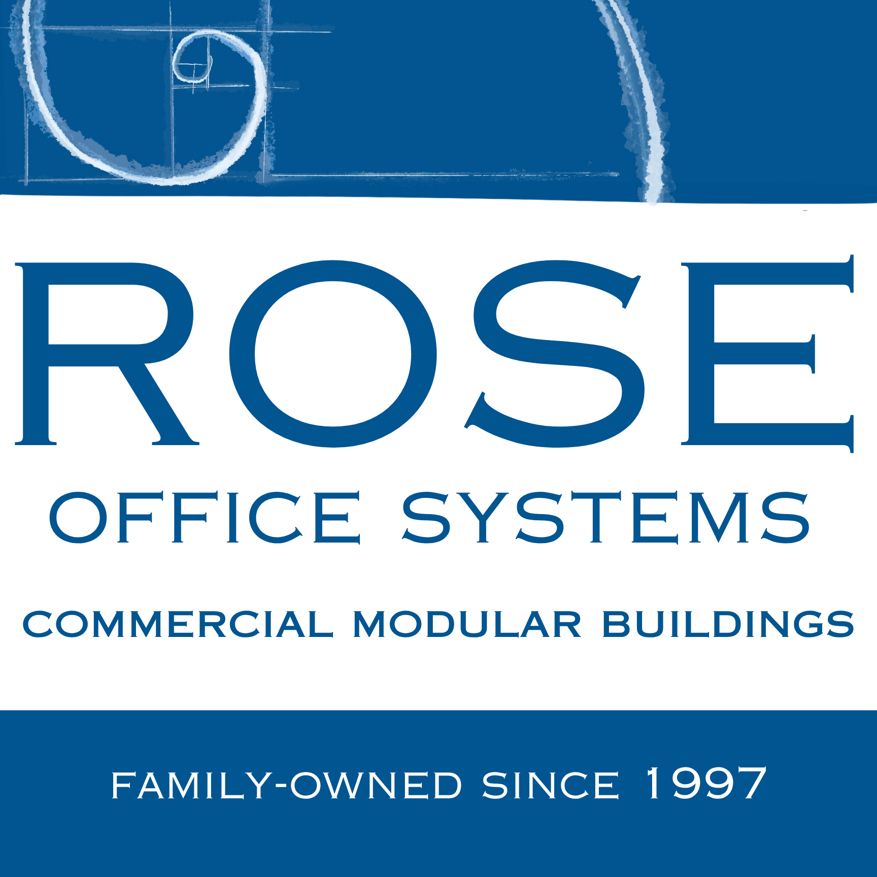 Rose Office Systems Logo with blue and white Copperplate Gothic Lettering. Commercial Modular buildings, Family Owned since 1997