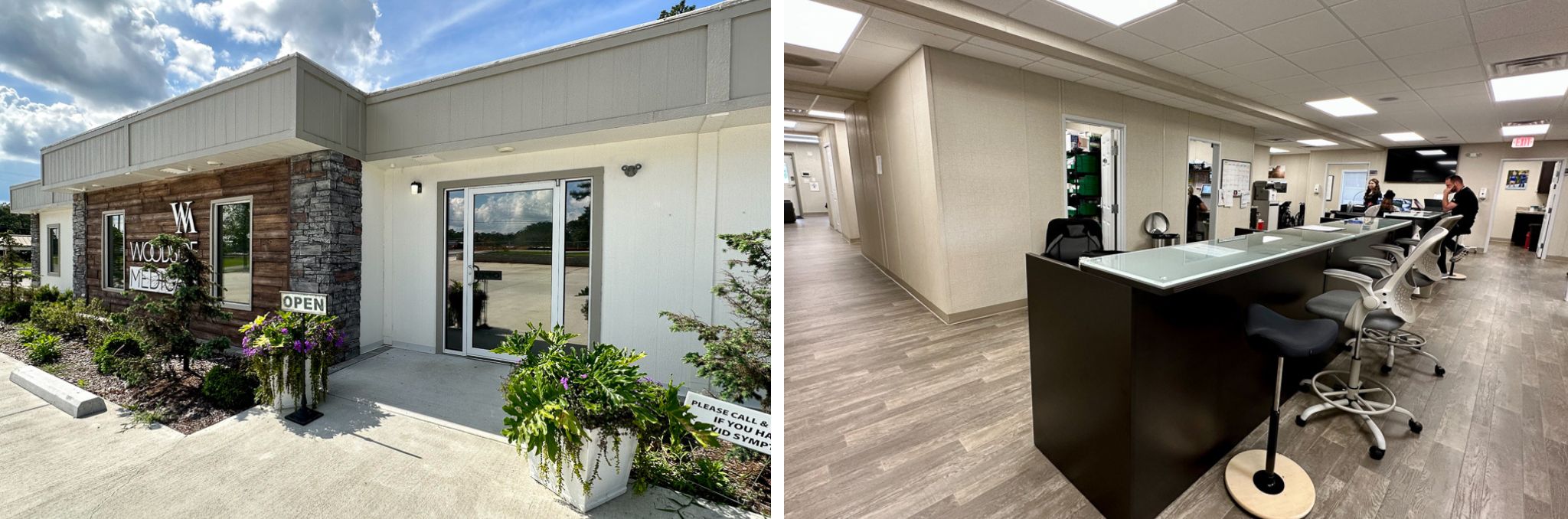 Modular medical clinic exterior and nurse station header graphic
